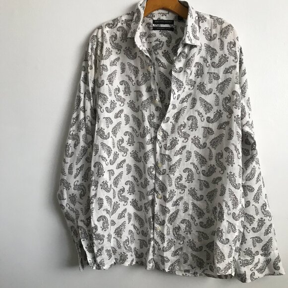SAKS Fifth Ave Linen Shirt Black White Paisley Print Button Long Sleeve Mens L - Picture 1 of 9